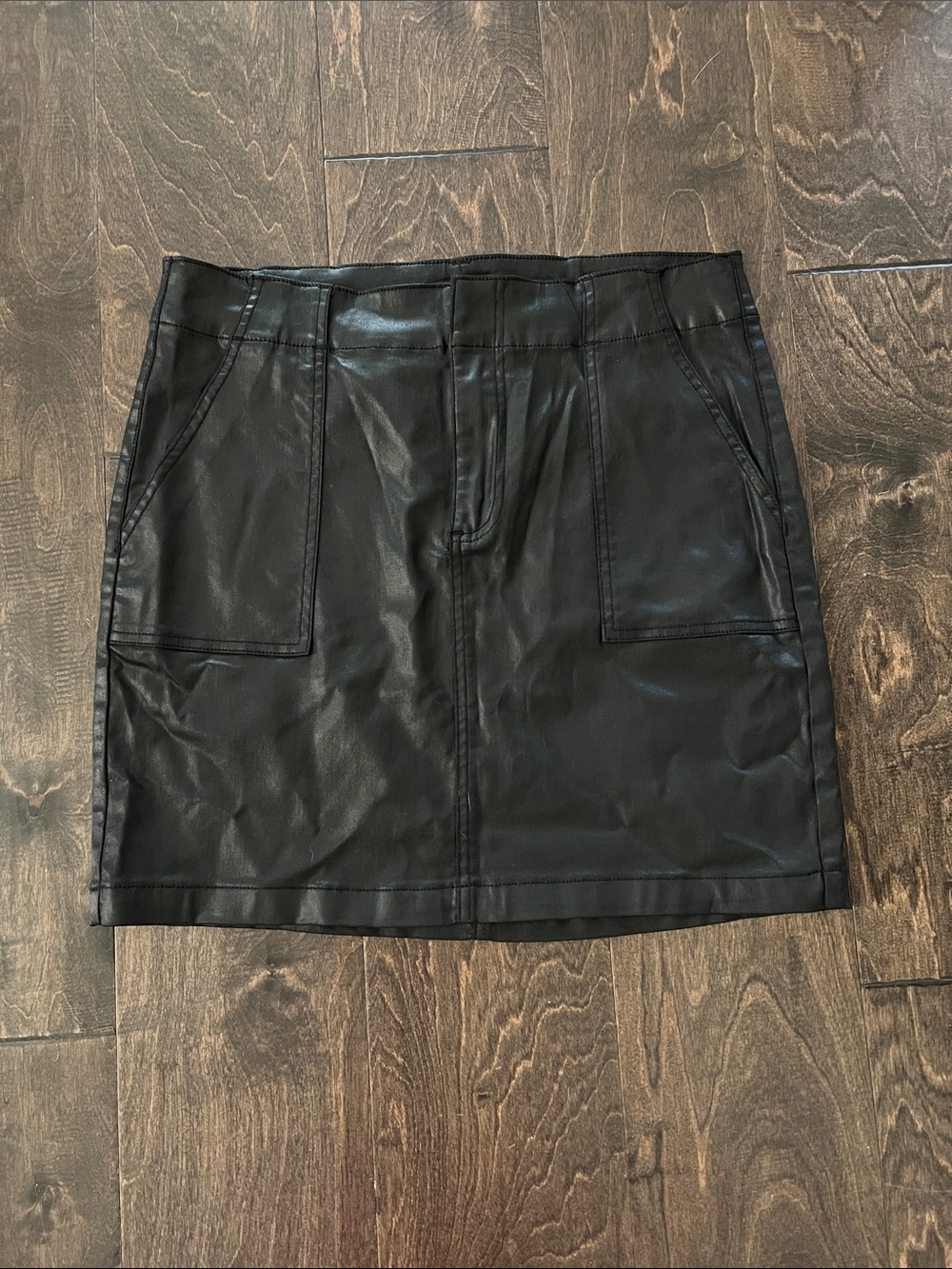Kut from the Kloth Black Coated Denim Mini Skirt with Front Pockets